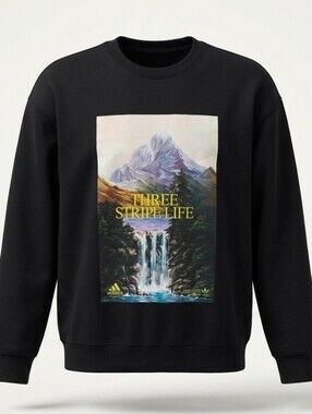 303. adidas Black Mountain Graphic Sweatshirt Three Stripe Life Crewneck Fleece